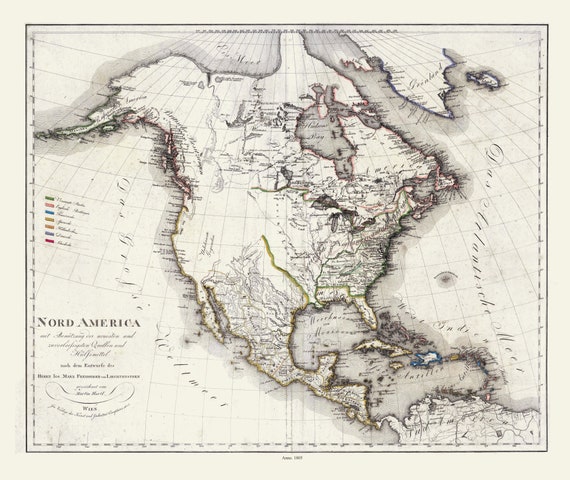 Liechtenstern et Hartl, Nord America, 1805, map on heavy cotton canvas, 20 x 25" approx.