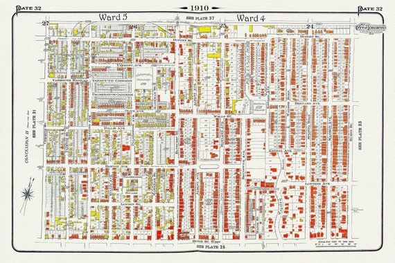 Plate 32, Toronto West, Bloorcourt, Seaton Village, Annex , 1910, map on heavy cotton canvas, 20 x 30" approx.
