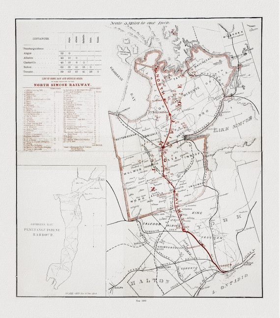 Map of the North Simcoe Railway, Ontario, 1890, map on durable cotton canvas, 50 x 70 cm or 20x25" approx.