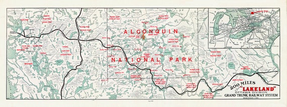 Algonquin: Grand Trunk Railway, Historic Algonquin Park Map, 1905, map on heavy cotton canvas, 22x27" approx.