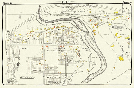 Plate 76, Toronto West, Etobicoke, Kingsway, Lambton, 1913, map on heavy cotton canvas, 20 x 30" or 50 x 75cm. approx.