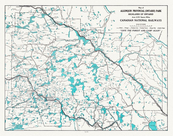 Historic Algonquin Park, Canadian National Railways, 1926, map on heavy cotton canvas, 22x27" approx.