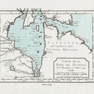 ベルリン、「Carte de la Bye de Hudson」、1744年版 II、厚手の綿キャンバスに描かれた地図、約22x27インチ。