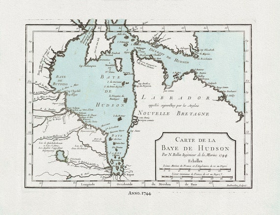 Bellin, Carte de la Bye de Hudson, 1744 Ver. II, map on heavy cotton canvas, 22x27" approx.