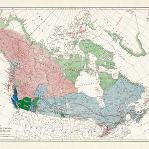 Aborigènes du Canada, de l’Alaska et du Groenland, publié en 1915, Carte sur toile de coton lourd, 22x27 » environ.