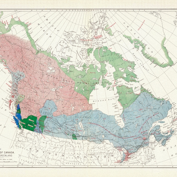 Aborígenes de Canadá, Alaska y Groenlandia, publicado en 1915, Mapa sobre lienzo de algodón pesado, 22x27"aprox.