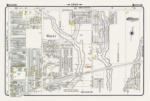 Plate 109, Toronto East,  Leslieville North, Monarch Park, 1910 , map on heavy cotton canvas, 20 x 30" approx.