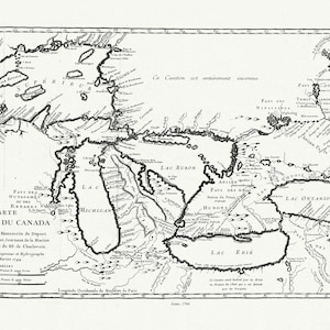 Bellin, Carte des lacs du Canada, Dressée sur les manuscrits du depost des cartes,1744, mapa sobre tela grossa de algodão, 50x70cm aprox.