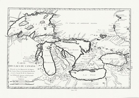 Bellin, Carte des lacs du Canada, Dressée sur les manuscrits du depost des cartes,1744, map on heavy cotton canvas, 50x70cm  approx.