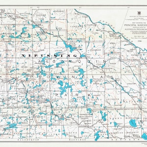 Principaux bassins versants Provenant du parc provincial Algonquin, 1946, carte sur toile de coton lourd, 22x27 » environ.