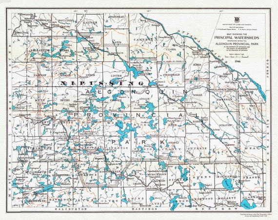 Principal Watersheds Originating within the Algonquin Provincial Park, 1946, map on heavy cotton canvas, 22x27" approx.