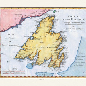 Carte de l'Isle de Terre-Neuve, Bellin auth.,1744    , map on heavy cotton canvas, 50 x 70 cm, 20 x 25" approx.