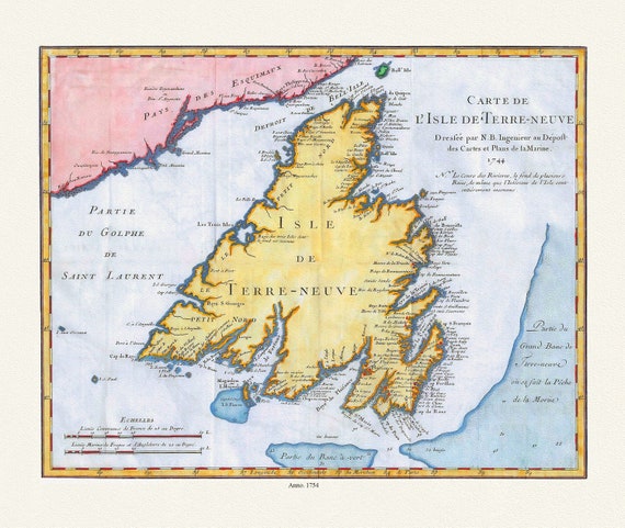 Carte de l'Isle de Terre-Neuve, Bellin auth.,1744    , map on heavy cotton canvas, 50 x 70 cm, 20 x 25" approx.