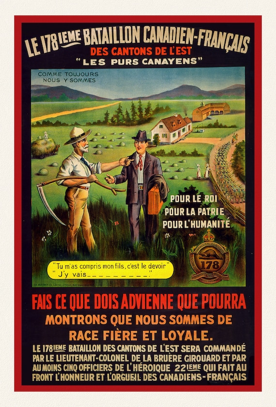 Le 178ieme Bataillon Canadien-Français des cantons de l'est, 1917, vintage war poster on durable cotton canvas, 50 x 70 cm, 20 x 25" approx.