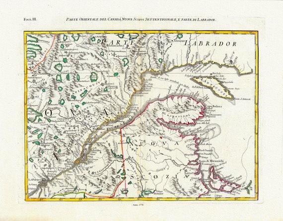 Parte Orientale del Canada, Nuova Scozia Settentrionale, e Parte di Labrador, 1778, Map on heavy cotton canvas, 22x27" Approx.