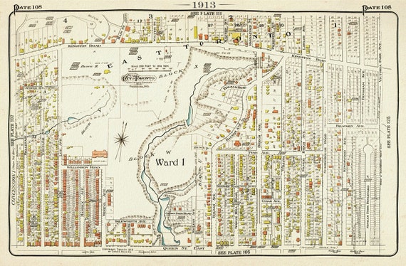 Plate 108, Toronto East, The Beach, Pine Ave.,1913, map on heavy cotton canvas, 20 x 30" or 50 x 75cm. approx.