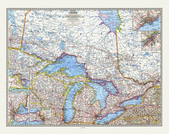 Central Canada, National Geographic, 1963, map on durable cotton canvas, 50 x 70 cm, 20 x 25" approx.