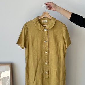 Nancy Greer New York | Vintage Mustard Yellow Shift Dress | Button Up Short Sleeve Peter Pan Collar