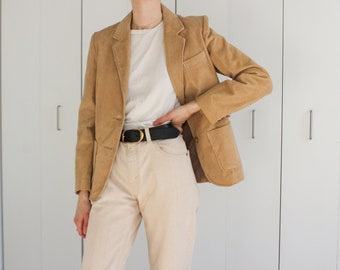 Vintage 70s Corduroy Blazer | Warm Beige, Patch Pockets, Overcoat, layering Jacket with leather buttons