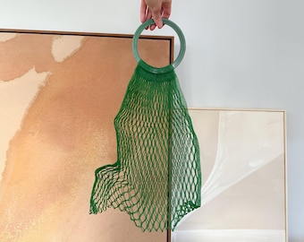 Green Mesh Net Market Bag with Circle Plastic Handle