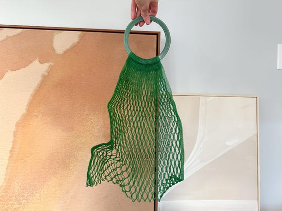 Green Mesh Net Market Bag with Circle Plastic Han… - image 1