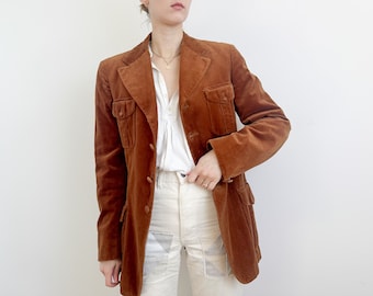 Vintage Camel Velvet Safari Blazer with Wide 1970s Lapels