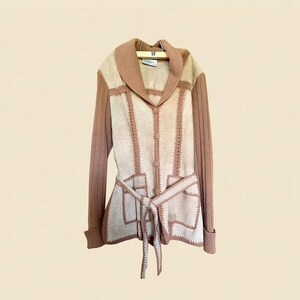 Vintage 1970s Belted Pieced Crochet Suede Jacket with Knit Sleeves and Collar