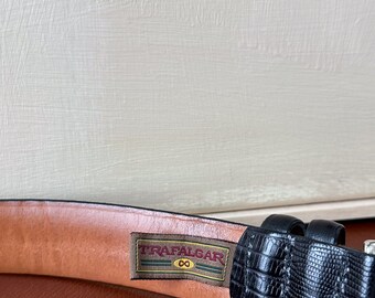 Ceinture Vintage Trafalgar Années 80 - Cuir Rouge Et Soie Bleue à Carreaux - Taille 38 Homme