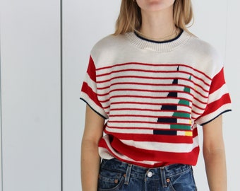 Vintage Red Stripe SailBoat Short Sleeve Sweater | Cristin Stevens | Red & White Stripe with Blue Yellow and Green