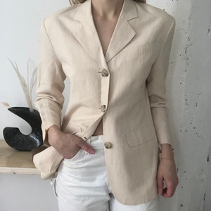 Blazer vintage en lin crème Veste ivoire en tweed Taille femme 4 Linge de maison rayonne Style minimaliste image 3