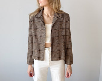 Vintage Brown and Tan Wool Plaid Crop Collared Zip Up Jacket | Petite Sophisticate | Brown, Blue, Tan Plaid, Fully Lined, Shoulder Pads