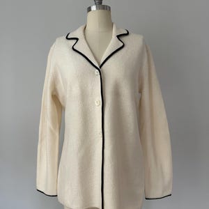 Vintage Josephine Chaus Cream Wool Jacket – Black Piped Trim, Made in Hong Kong, Minimalist Longline Knit Blazer image 18