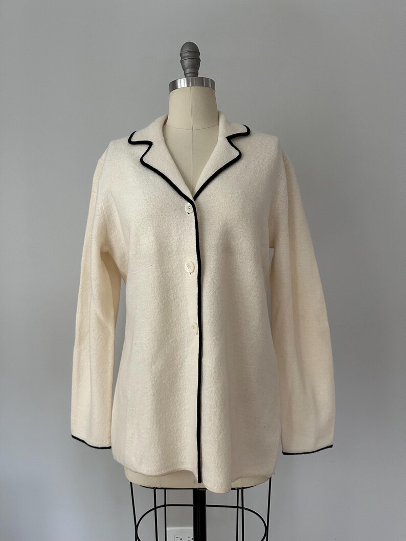 Vintage Josephine Chaus Cream Wool Jacket – Black Piped Trim, Made in Hong Kong, Minimalist Longline Knit Blazer image 18