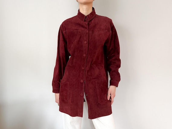 Vintage Burgundy Suede Shirt Jacket | Button Front Leather Overshirt
