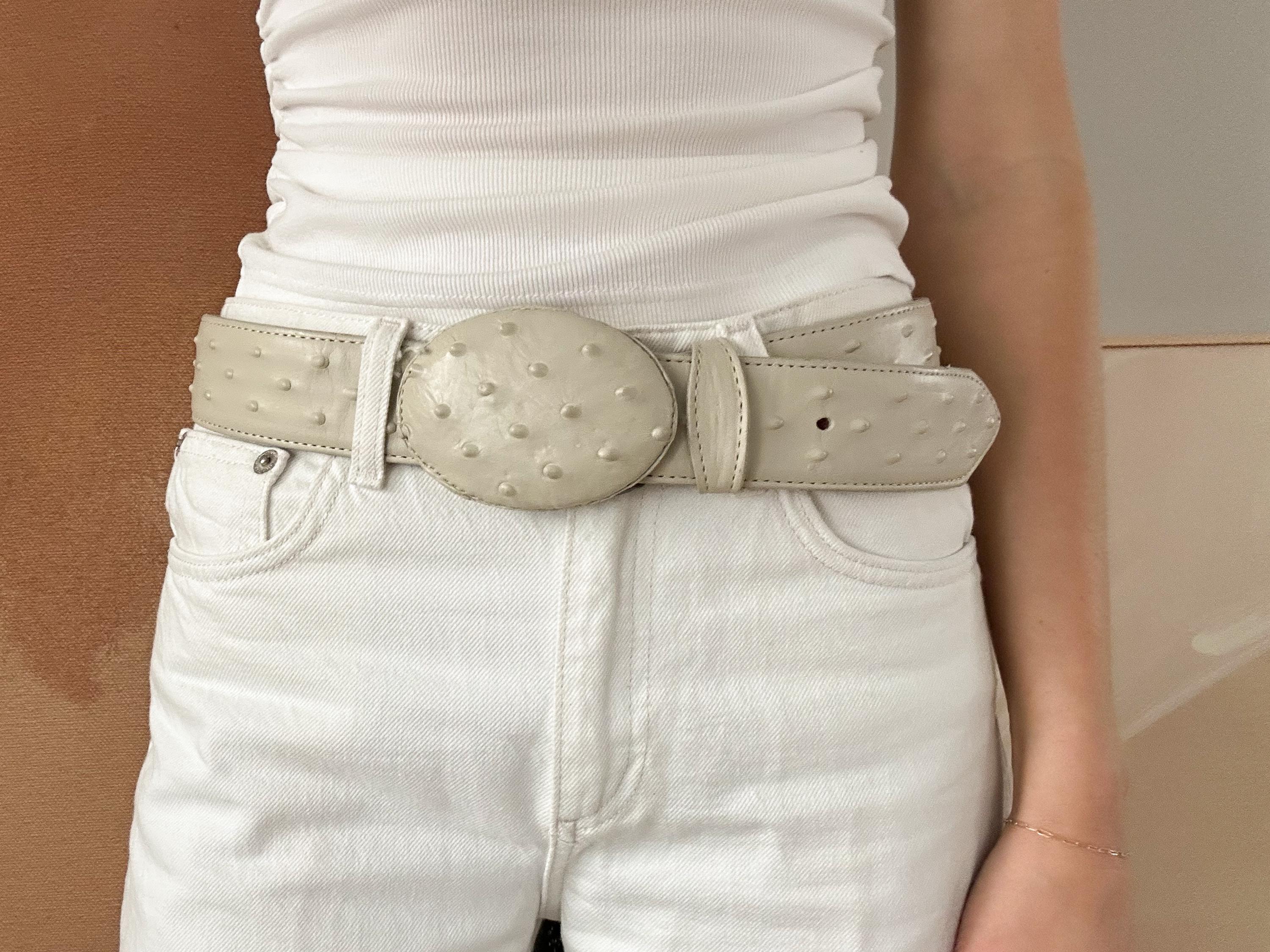 Vintage 80s Ostrich Embossed Leather Belt With Round Covered  display picture 2