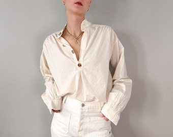 Vintage J Peterman Ivory Cotton Poet Blouse, 90s Made in USA Oversized Band Collar Shirt, Size M