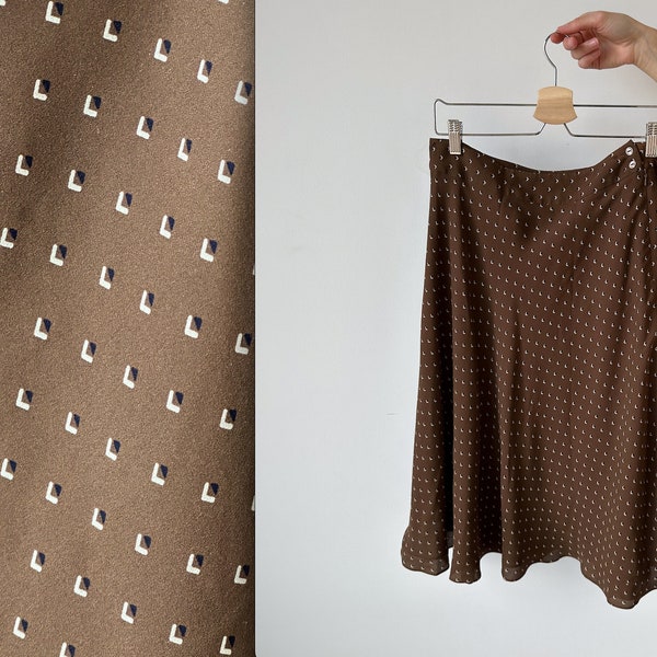 Vintage Jones New York Skirt | Brown Foulard Printed Silk Bias Knee Length Skirt