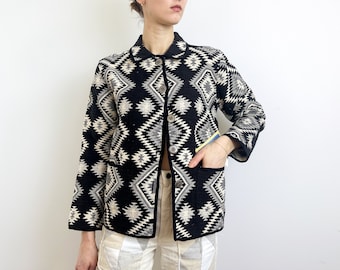 Deadstock Jane Ashley Clothing Petite Aztec Woven Button Up Collared Lightweight Jacket Black and White