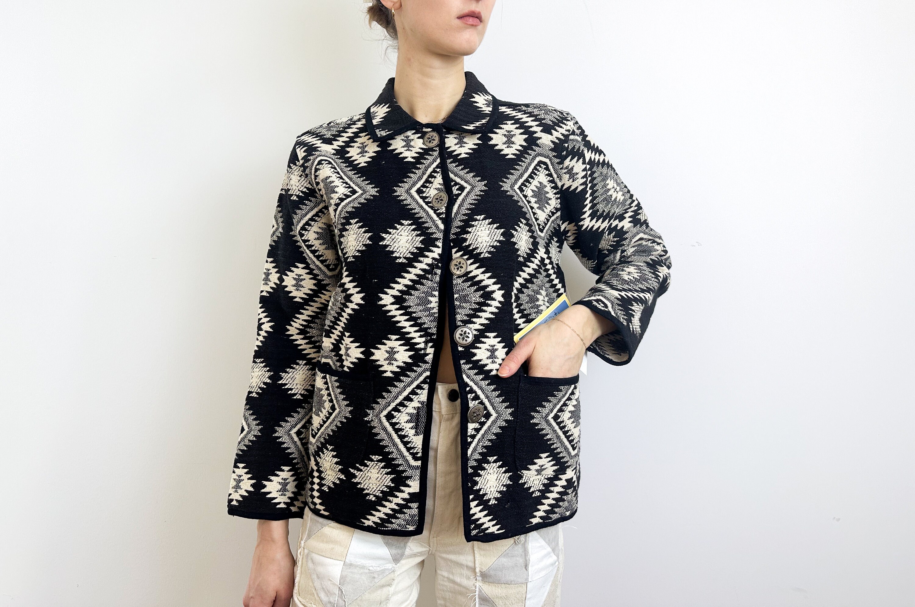 Deadstock Jane Ashley Clothing Petite Aztec Woven Button up Collared Lightweight Jacket Black and White Etsy
