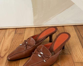 Vintage Van Eli Leather Kitten Heel Mules – 90s Pointed Toe Slides, Size 10M
