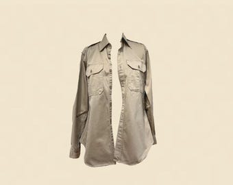 Vintage Utility Khaki Button Up Shirt with Epaulettes and Patch Pockets