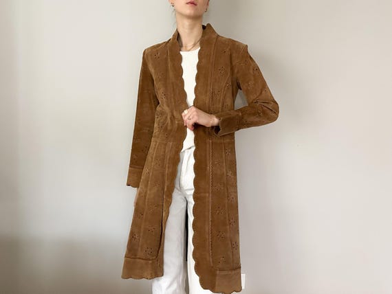 Margaret Godtrey Lazer Cut Floral Scallop Edge Suede Jacket Hook and Eye Closure