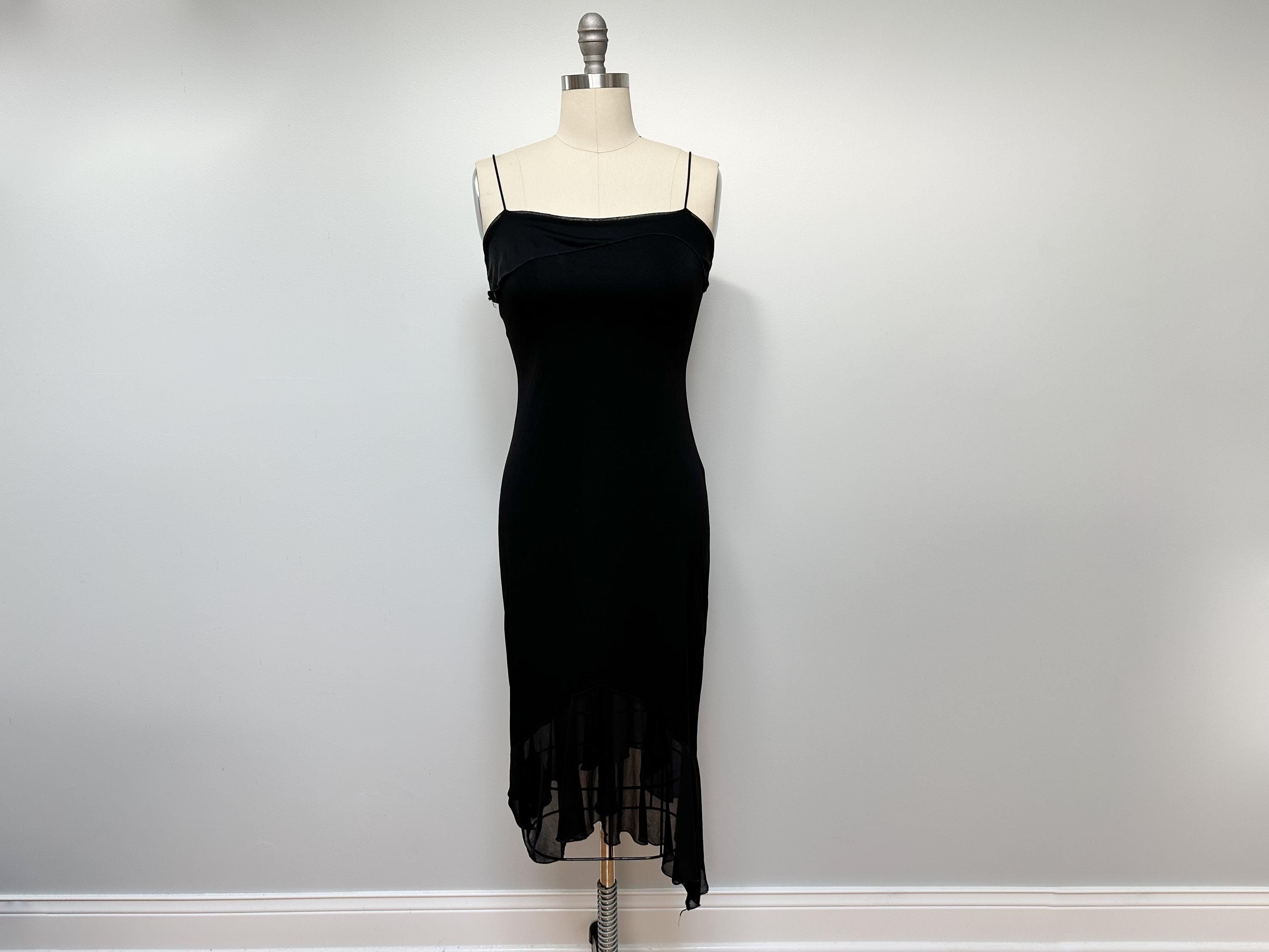 Vintage Black Spaghetti Strap Dress with Layered Sheer Ruffles