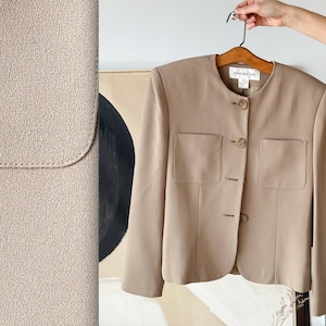 Jones New York Collarless Blazer Jacket | Beige Tan Long Sleeve Button Up Coat