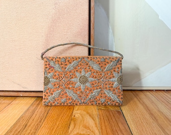 Vintage Copper Velvet Beaded Box Purse – Metallic Embroidered Evening Bag with Cord Strap