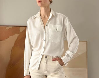 Vintage Liz Wear Ivory Western Shirt, Snap Front Size Small