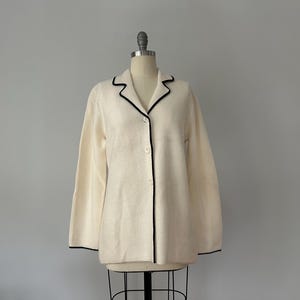 Vintage Josephine Chaus Cream Wool Jacket – Black Piped Trim, Made in Hong Kong, Minimalist Longline Knit Blazer image 17