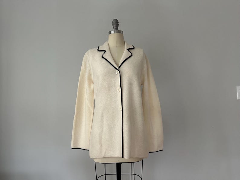 Vintage Josephine Chaus Cream Wool Jacket – Black Piped Trim, Made in Hong Kong, Minimalist Longline Knit Blazer image 17