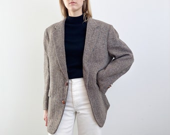 Vintage Herringbone Tweed Oversized Brown Blazer | Leather Buttons