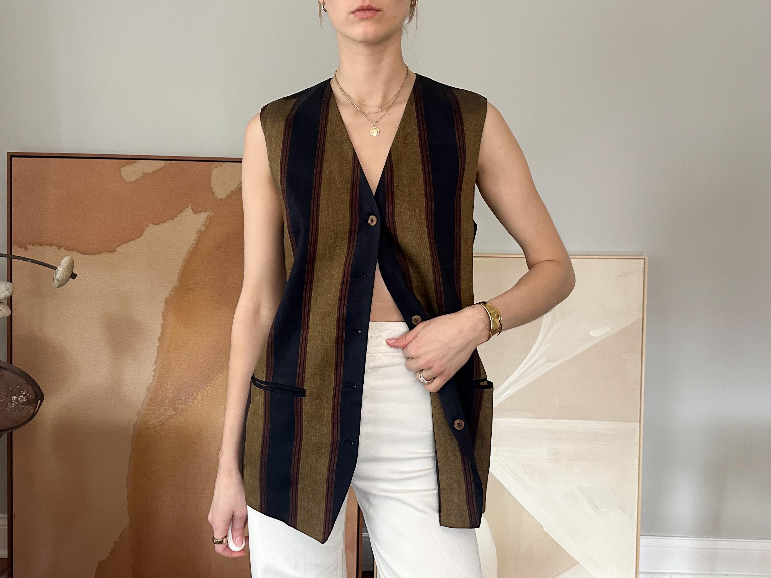 90s Liz Claiborne Collection Linen-Rayon Vest – Striped Longline Waistcoat, Size 6 (Needs 2 Buttons)